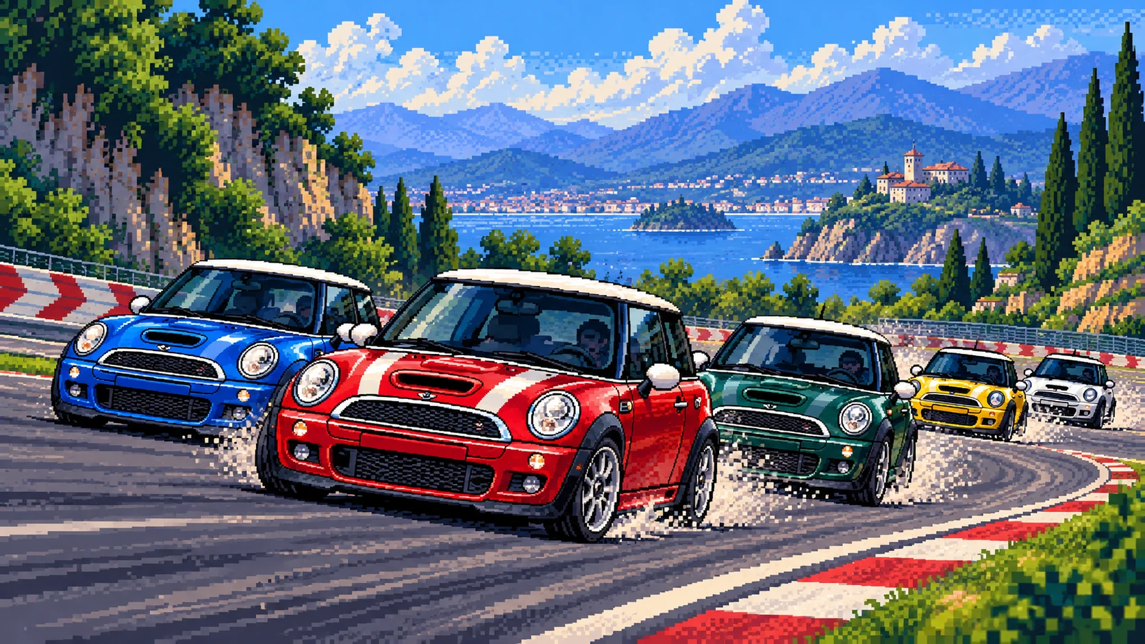 Five colorful R53 MINI Cooper S cars racing around a lakeside mountain circuit in 16-bit Sega Genesis-style pixel art.